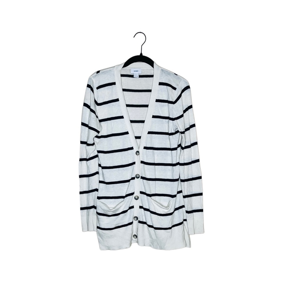 OLD NAVY Cream & Black Striped Cardigan Women’s Size L With Pockets On The Front